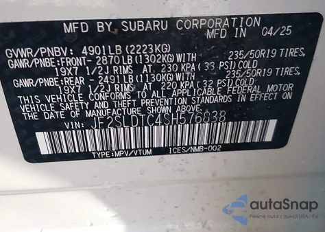 2025 Subaru Forester Touring z USA, uszkodzony, nr VIN JF2SLDTC4SH576838